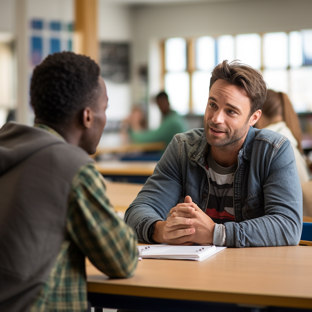 Examinator Praat Met Leerling In Overleg